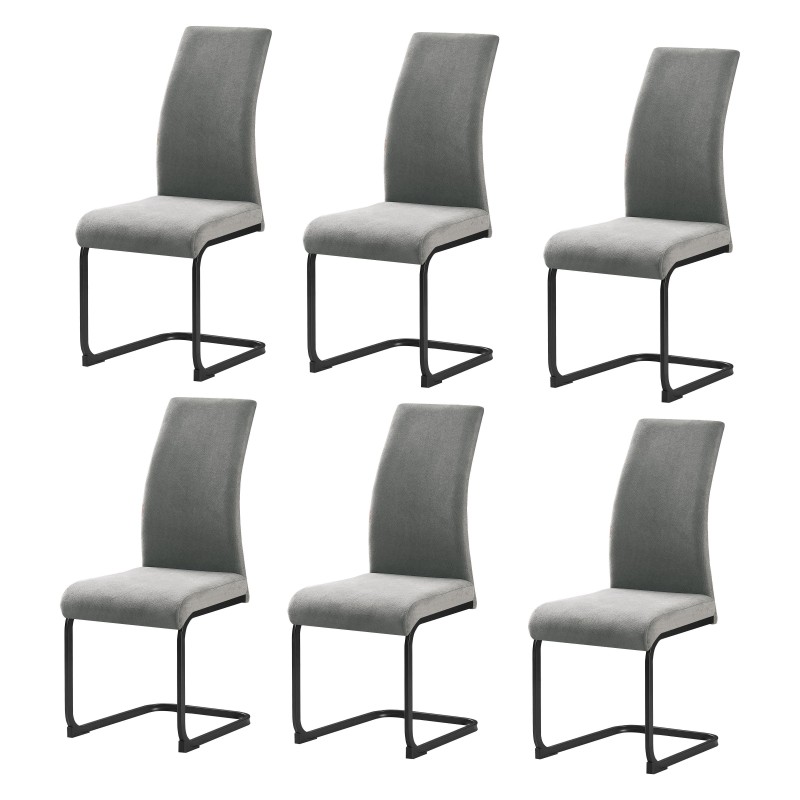 Silla de comedor gris claro con respaldo curvo y estructura metálica negra en voladizo. Conjunto de seis unidades