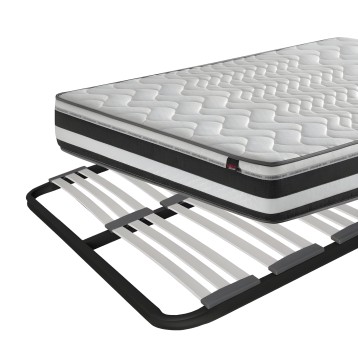 Colchón acolchado blanco y negro con base de láminas de madera y estructura metálica en vista de despiece
