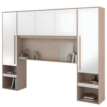 Armario modular madera y blanco con puertas espejo y estantes abiertos para almacenaje y decoración