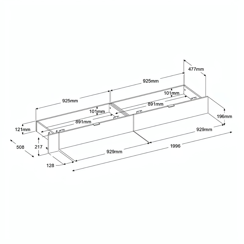 Cama tapizada con estructura metálica y somier de láminas vista en perspectiva técnica con medidas
