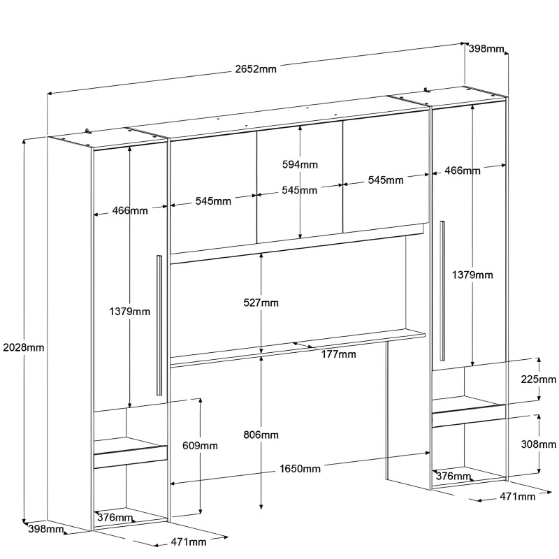 Armario modular grande con puertas y estantes internos vista técnica con dimensiones