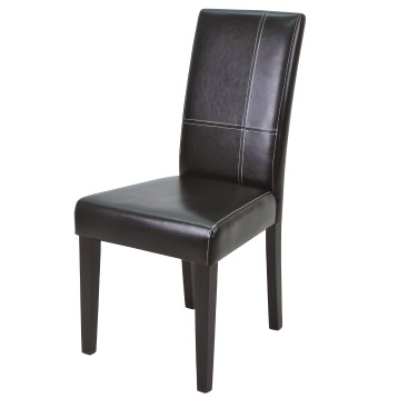 Silla de comedor tapizada en cuero negro con costuras decorativas y patas de madera oscura