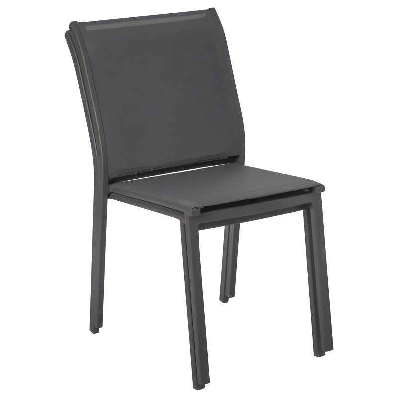 Silla de comedor gris oscuro con respaldo y asiento acolchados y estructura de aluminio
