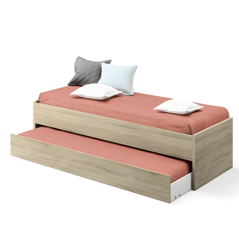 Cama nido madera clara con colchón coral rayas blancas y cojines gris y azul