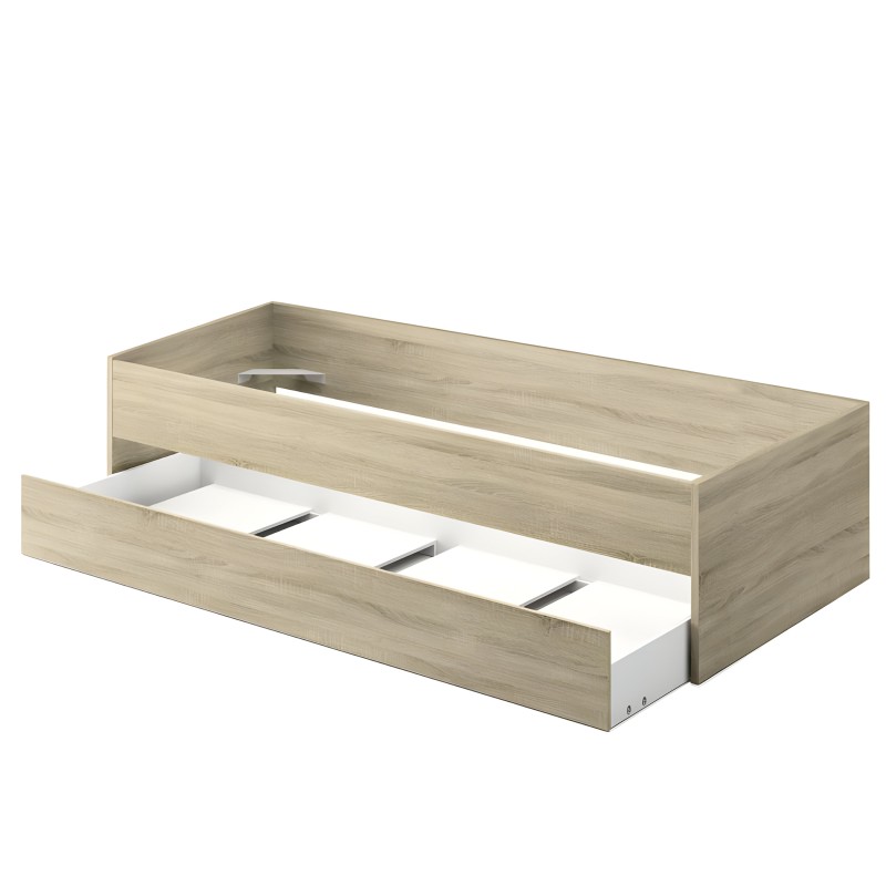 Cama individual madera clara con cajón nido extraíble y base metálica