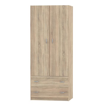 Armario de madera clara con dos puertas y dos cajones inferiores y tiradores metálicos