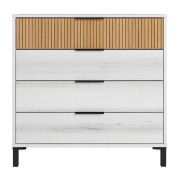 Cómoda de madera blanca con frente de lamas naturales y tres cajones con asas negras