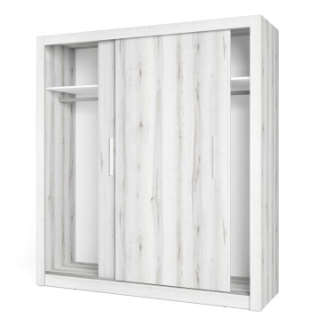 Armario con puertas correderas en madera blanca con vetas y espejo lateral integrado