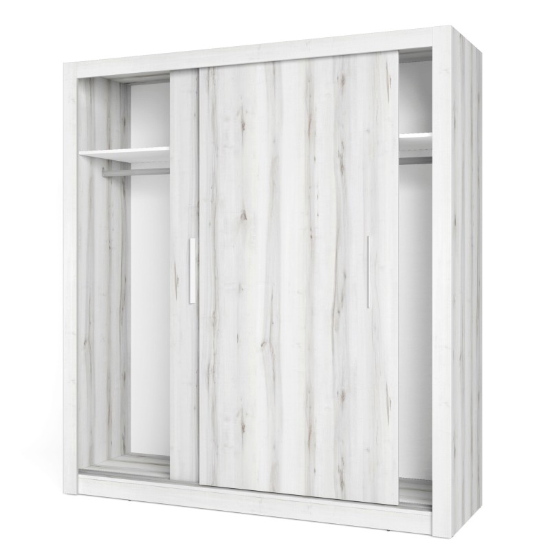 Armario con puertas correderas en madera blanca con vetas y espejo lateral integrado