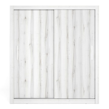 Armario con puertas correderas en madera blanca envejecida y estructura gris claro