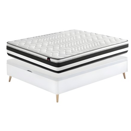 Cama blanca con colchón acolchado blanco y negro y patas de madera natural en vista general