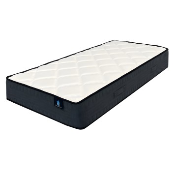 Colchón individual con funda blanca acolchada y base negra con diseño textil y etiqueta de marca