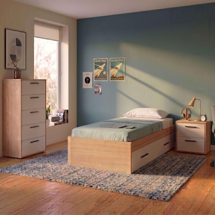 Dormitorio completo con cama individual de madera clara y cajones de almacenamiento y mesitas de noche a juego