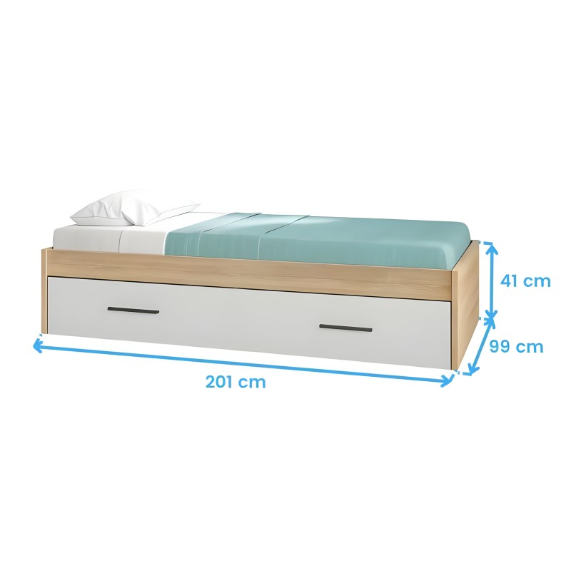 Cama individual con cajón de almacenaje en madera natural y blanco con colchón y ropa de cama verde agua