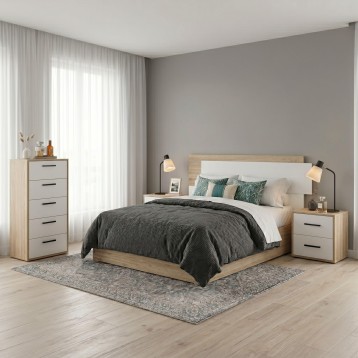 Dormitorio moderno con cama de madera y cabecero blanco y mesitas de noche a juego y cómoda de cinco cajones