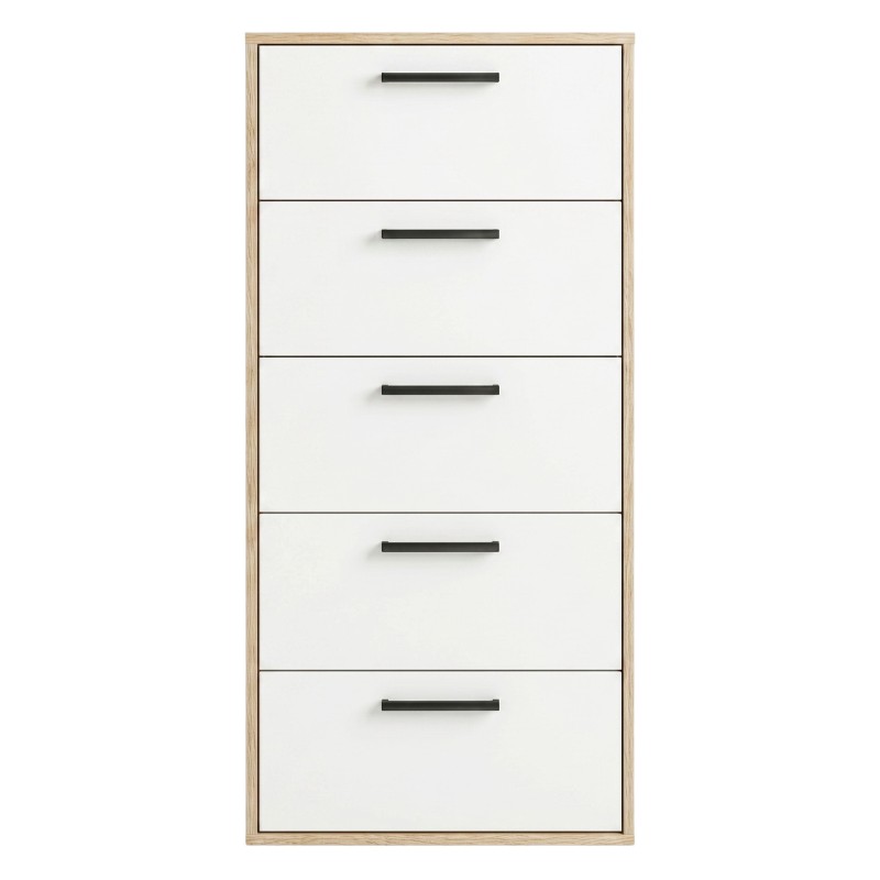 Cómoda de cinco cajones blanca y madera natural con tirador negro frontal