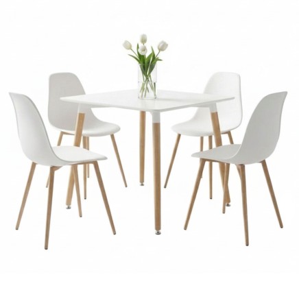 Conjunto de comedor con mesa blanca cuadrada y cuatro sillas blancas de patas madera estilo nórdico