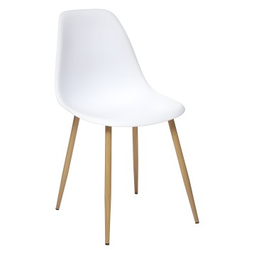 Silla de comedor con asiento blanco curvo y patas de madera clara estilo escandinavo