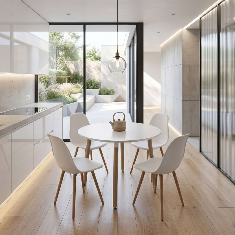 Comedor redondo blanco con cuatro sillas beige y patas de madera en cocina moderna luminosa