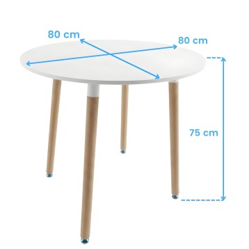 Mesa redonda blanca con tablero de 80 cm y patas de madera natural con detalle de medidas