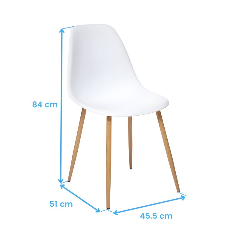 Silla moderna blanca con asiento ergonómico y patas de madera natural vista lateral con medidas
