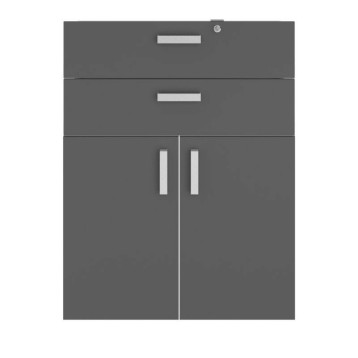 Mueble auxiliar gris antracita con dos puertas y dos cajones superiores con tiradores plateados
