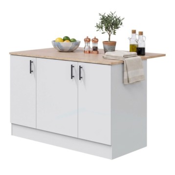 Mueble auxiliar de cocina blanco con tres puertas, tiradores negros y encimera efecto madera.