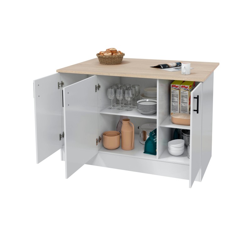 Mueble auxiliar de cocina blanco con tres puertas abiertas, estantes interiores y encimera efecto madera.