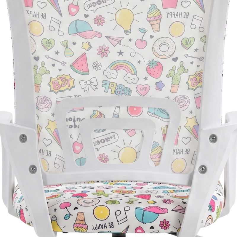 Detalle trasero de silla de escritorio juvenil con respaldo estampado y estructura blanca