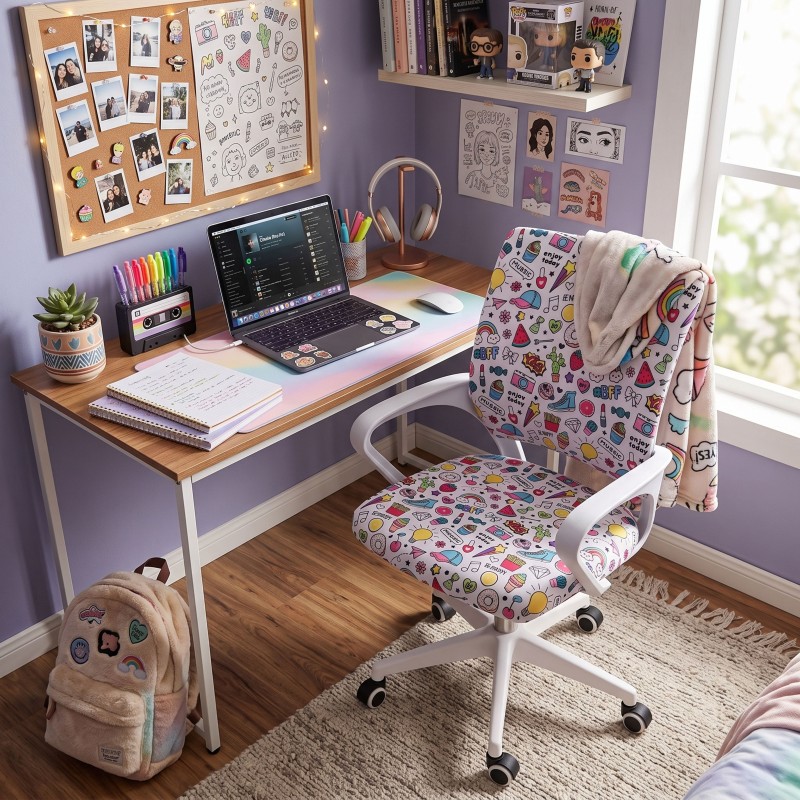 Silla de escritorio juvenil estampada en dormitorio con escritorio, ordenador y zona de estudio