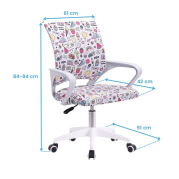 Medidas de silla de escritorio juvenil regulable con ruedas, reposabrazos y respaldo estampado