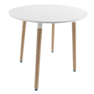 Mesa redonda blanca con patas de madera natural y detalles metálicos azules