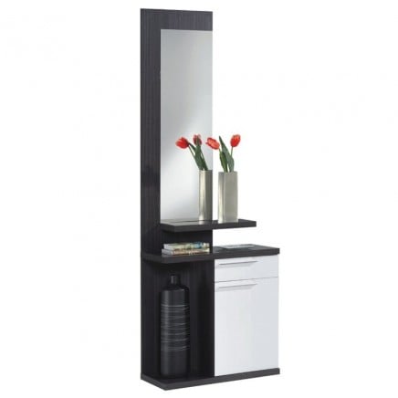 Mueble De Entrada Recibidor Kendra Con Espejo Blanco Brillo y Gris Ceniza 61 cm