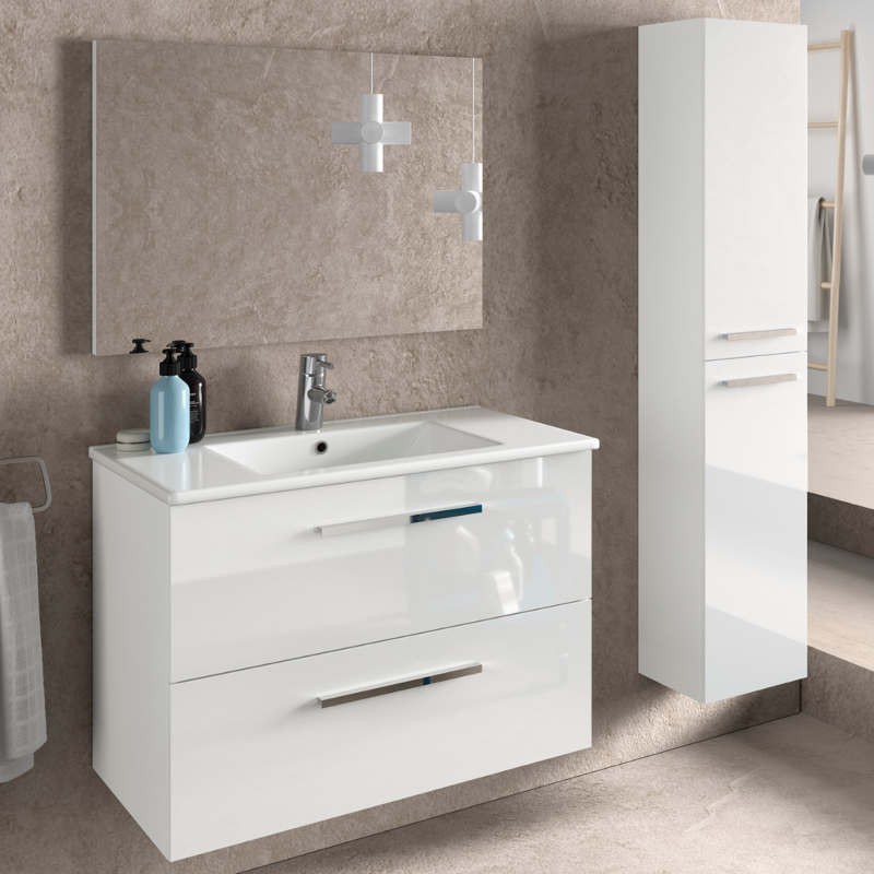 Pack de baño Aruba blanco mueble con espejo lavamanos cerámico y columna