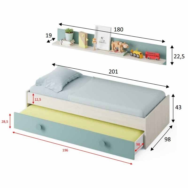 Pack cama nido estante y armario juvenil Snuba verde y blanco 90x190