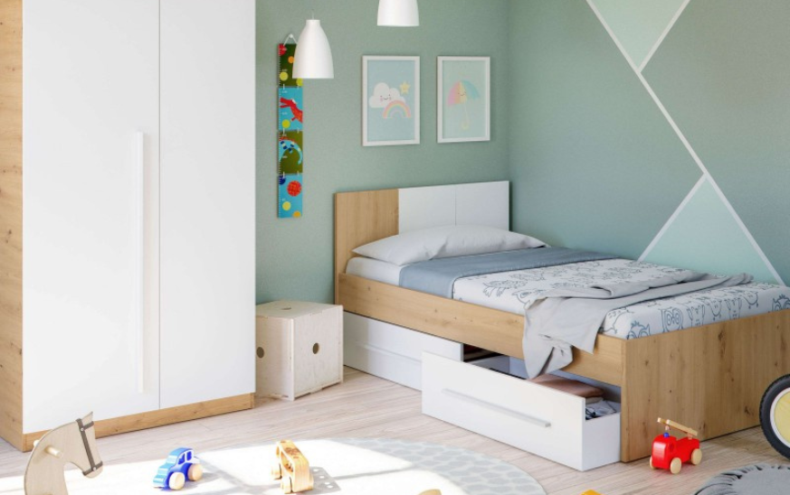 Habitación Juvenil Moderna Pack Muebles Roble Nodi Y Blanco Artik (Cama + Armario)