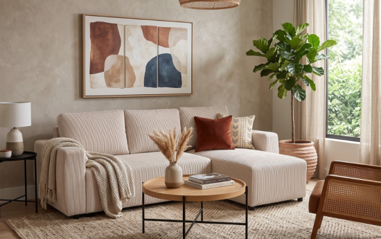 Salón moderno con sofá chaise longue beige, mesa de centro de madera, cuadro abstracto, alfombra de fibras naturales y decoración en tonos cálidos.