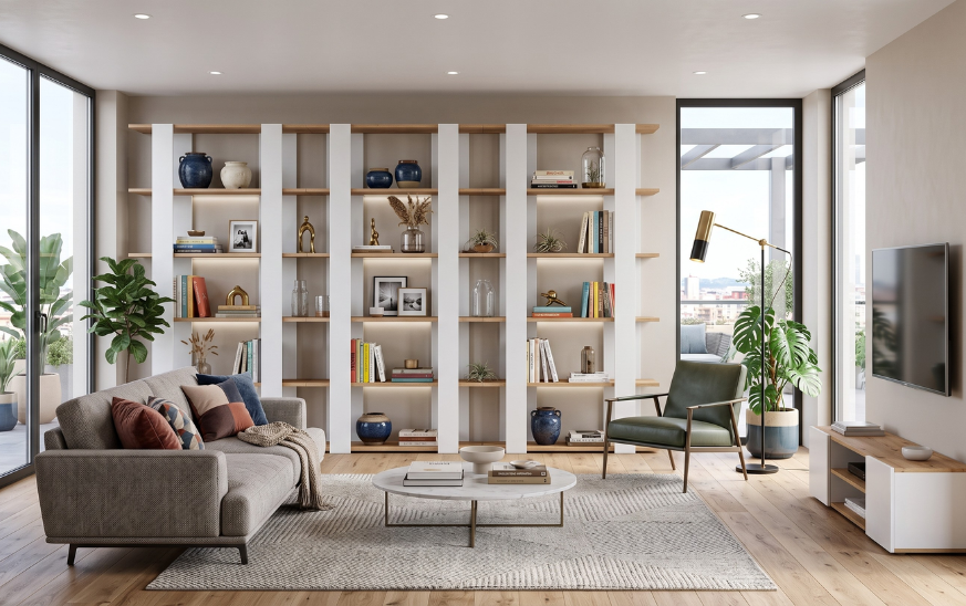 Librería modular blanca de suelo a techo con baldas de madera, integrada en salón amplio y luminoso