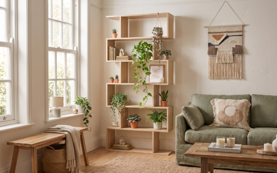 Estantería de madera clara con diseño geométrico asimétrico en zigzag, decorada con plantas en salón de estilo natural