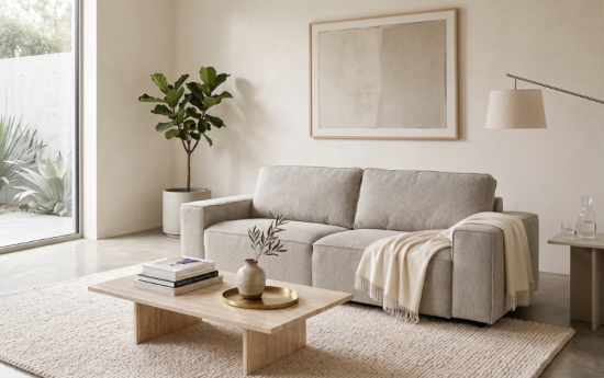 Sofá tres plazas beige de tela en salón nórdico minimalista con alfombra, planta y mesa de centro de madera