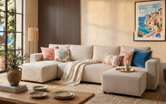 Sofá rinconera de pana beige con cojines estampados en salón mediterráneo con panel de madera y lámina costera