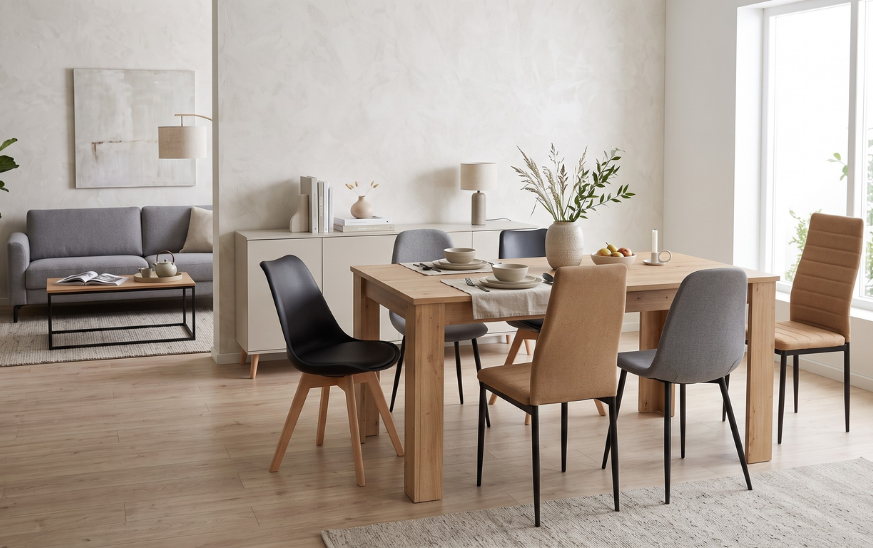 Mesa de comedor extensible de roble con sillas variadas en negro, gris y camel en salón nórdico luminoso