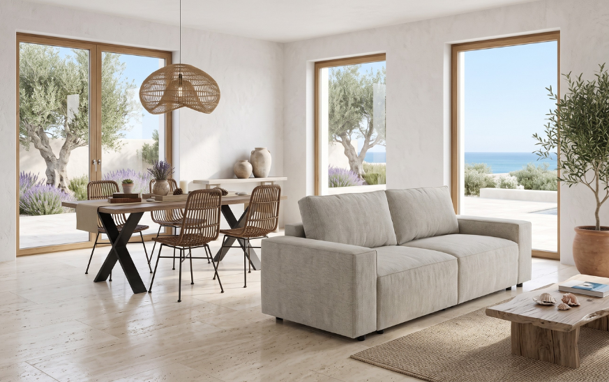 Sofá gris de tela y mesa de comedor de madera con sillas de ratán en salón mediterráneo con vistas al mar