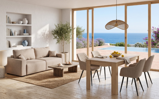 Sofá modular beige y mesa de comedor de madera con sillas tapizadas en salón con vistas al mar y piscina