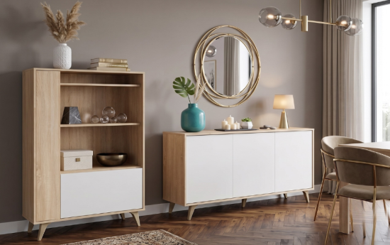 Un elegante y moderno salón-comedor con un aparador con puertas blancas que sostiene un jarrón turquesa con hojas verdes, velas, y una lámpara de mesa dorada con una bombilla encendida.